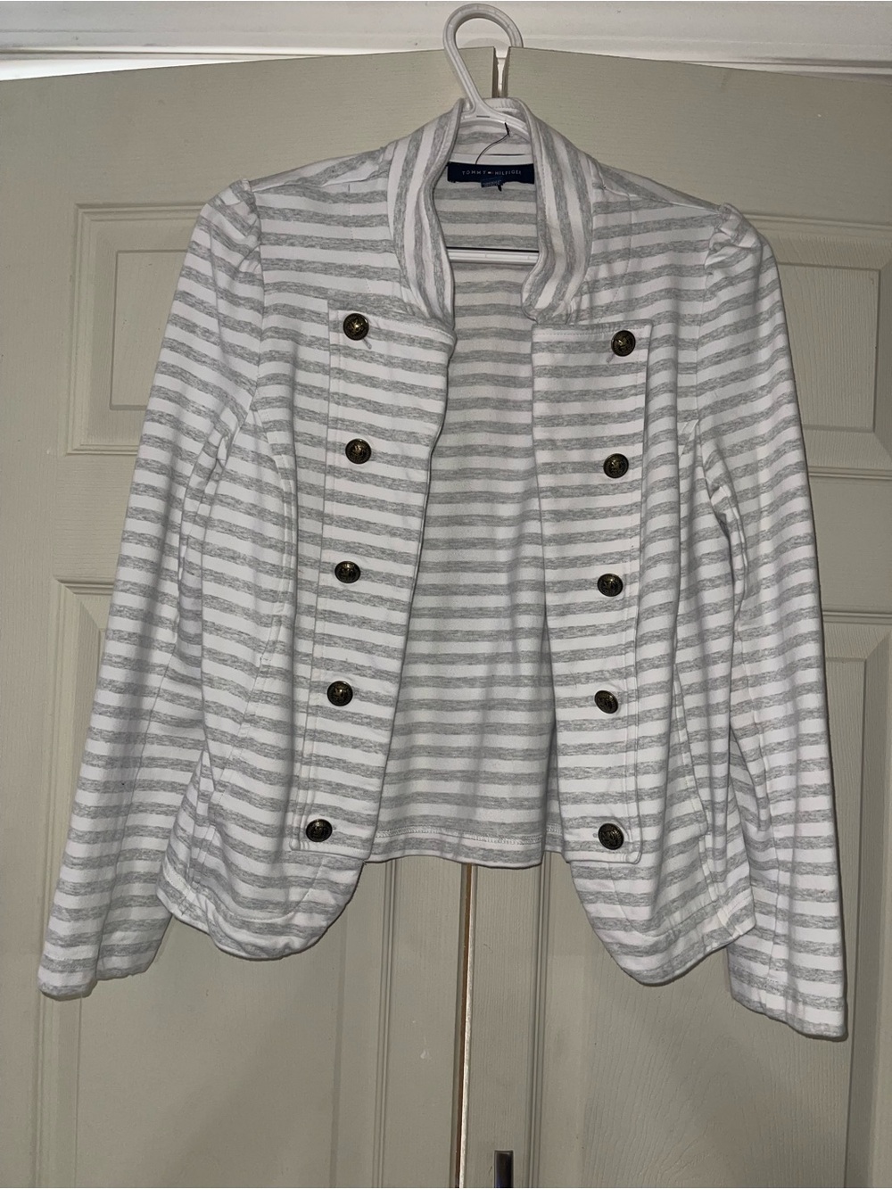 Tommy Hilfiger White & Gray Striped Military-Inspired Blazer